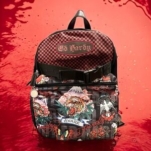 NEW Ed Hardy Tattoo Screaming Tiger Large Skate Red Checker Skull Backpack NWT